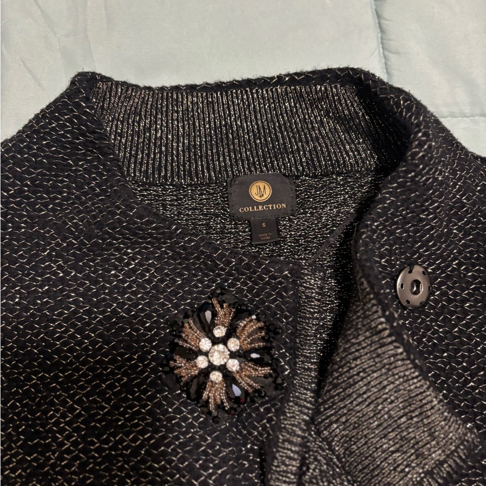 JM Collection Black Textured Cardigan with Floral Brooch